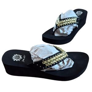 YELLOW BOX WOMEN YELLOW EMBELLISHED BEADING MEDIUM HEEL ROUND TOE SIZE 8.5 WEDGE